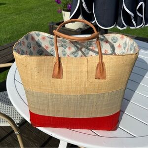 Pomegranate Inc Classic Striped Straw Tote Bag with Red Accent and Tan Handles